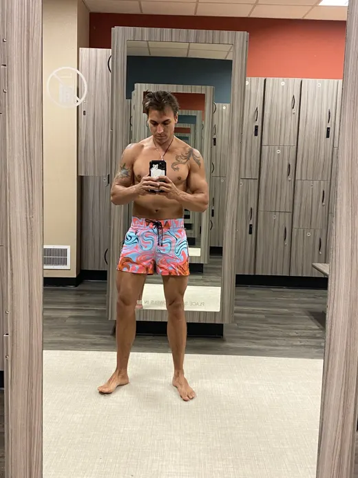 Customer photo from Darren J. wearing Neapolitan Swirl Swim Trunks - 3"