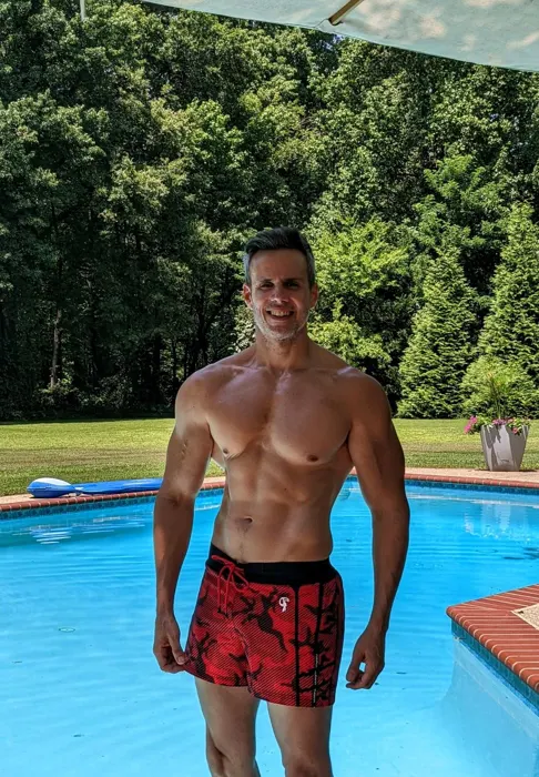 Customer photo from Stephen B. review of Striped Camo Red Swim Shorts - 3"