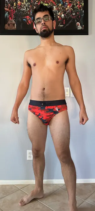 Customer photo from Brandon V. wearing Red Camo Swim Briefs
