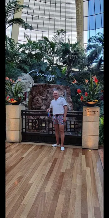 Customer photo from Les T. review of Flamingo Hectagon White Swim Shorts