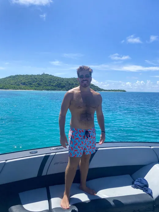 Customer photo from Nick T. review of Watermelon 2 Blue Swim Shorts - 3"