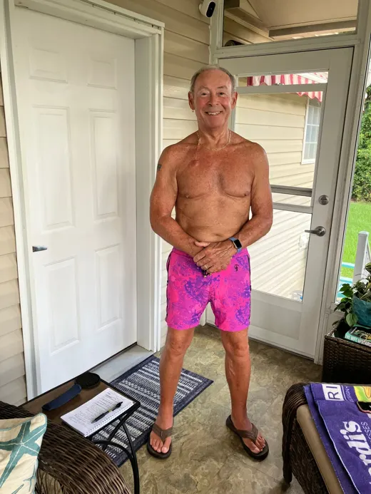 Customer photo from Michael B. review of Splatter Swim Shorts Purple - 5"
